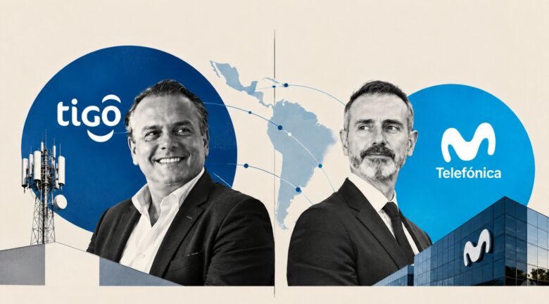 Collage editorial de Marcelo Benítez, CEO de Millicom (Tigo), y Marc Murtra, presidente ejecutivo de Telefónica, con los logotipos de ambas empresas y un mapa de América Latina.