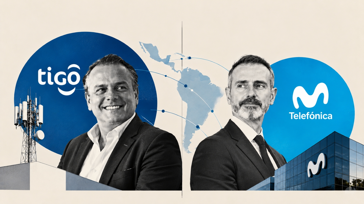 Collage editorial de Marcelo Benítez, CEO de Millicom (Tigo), y Marc Murtra, presidente ejecutivo de Telefónica, con los logotipos de ambas empresas y un mapa de América Latina.