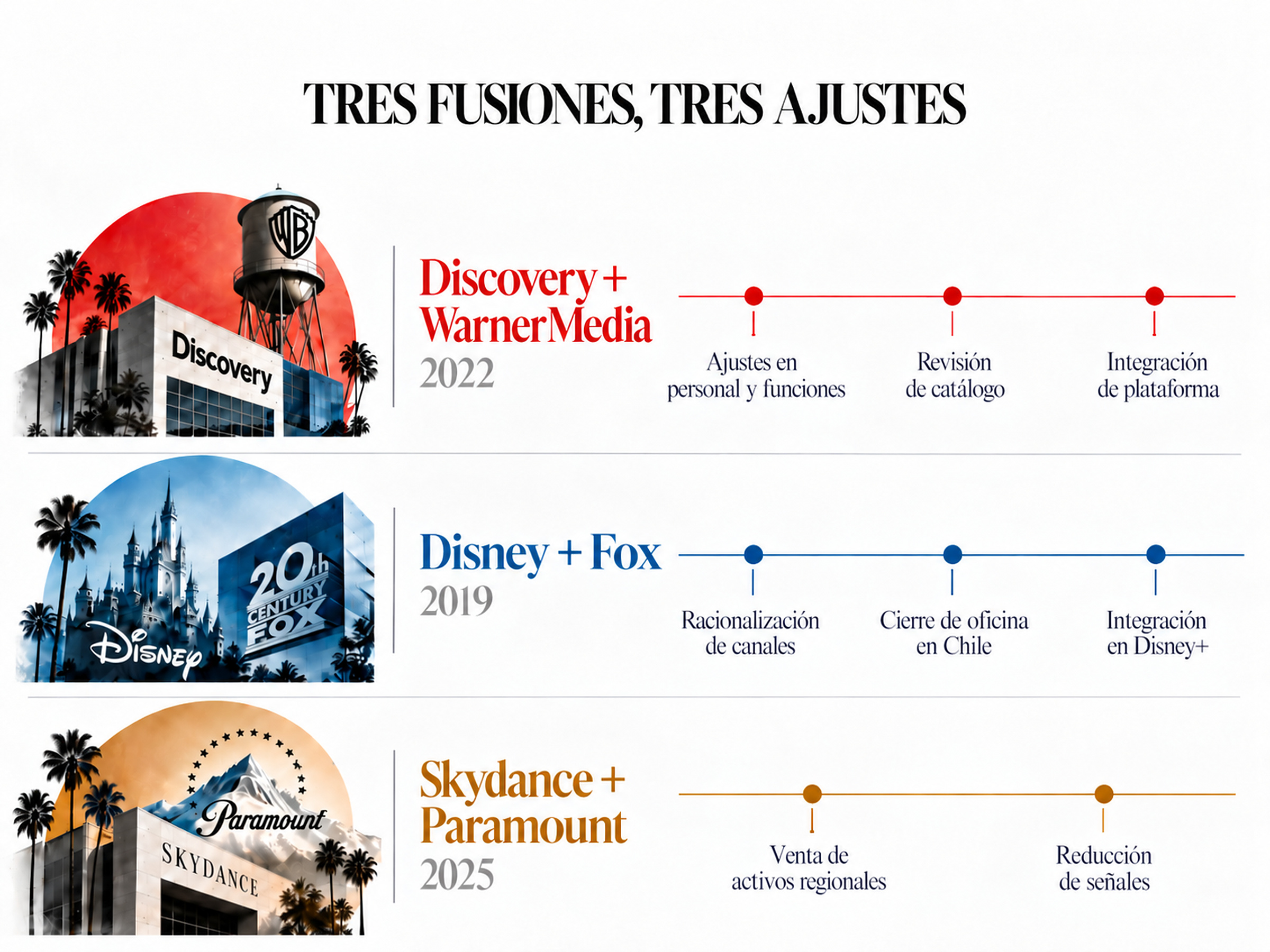 Gráfica sobre los ajustes regionales tras las fusiones Discovery-WarnerMedia, Disney-Fox y Skydance-Paramount.