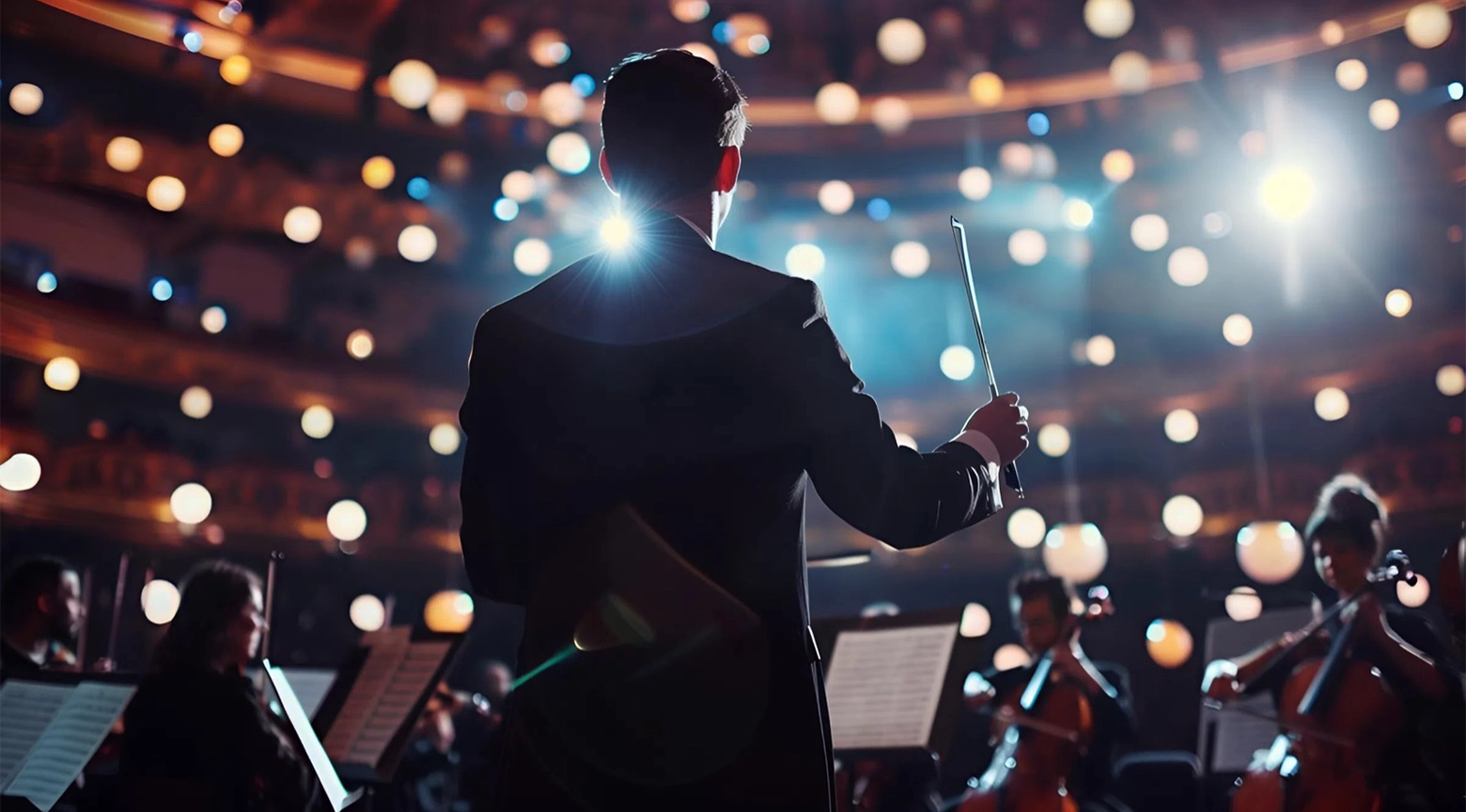 Un director de orquesta, vestido con traje negro y visto de espaldas, sostiene una batuta mientras dirige a varios músicos en un teatro iluminado. Al fondo destacan los instrumentos de cuerda, atriles con partituras y numerosas luces cálidas.