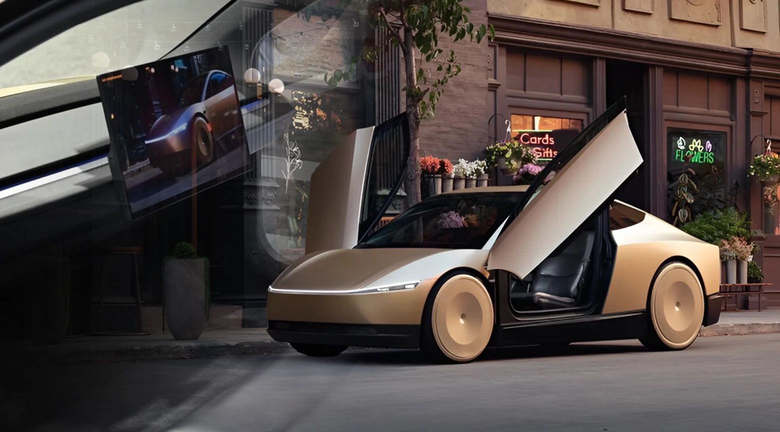 Vehículo autónomo de diseño futurista estacionado en una calle urbana, con una de sus puertas elevada y una pantalla que muestra el automóvil.