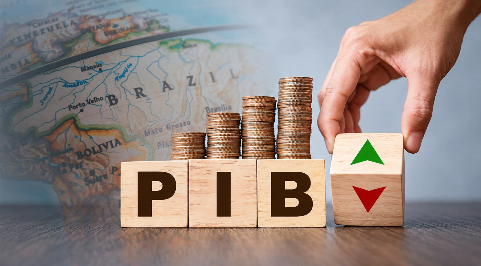 Bloques de madera con las letras “PIB”, pilas de monedas y flechas de subida y bajada frente a un mapa de América Latina.
