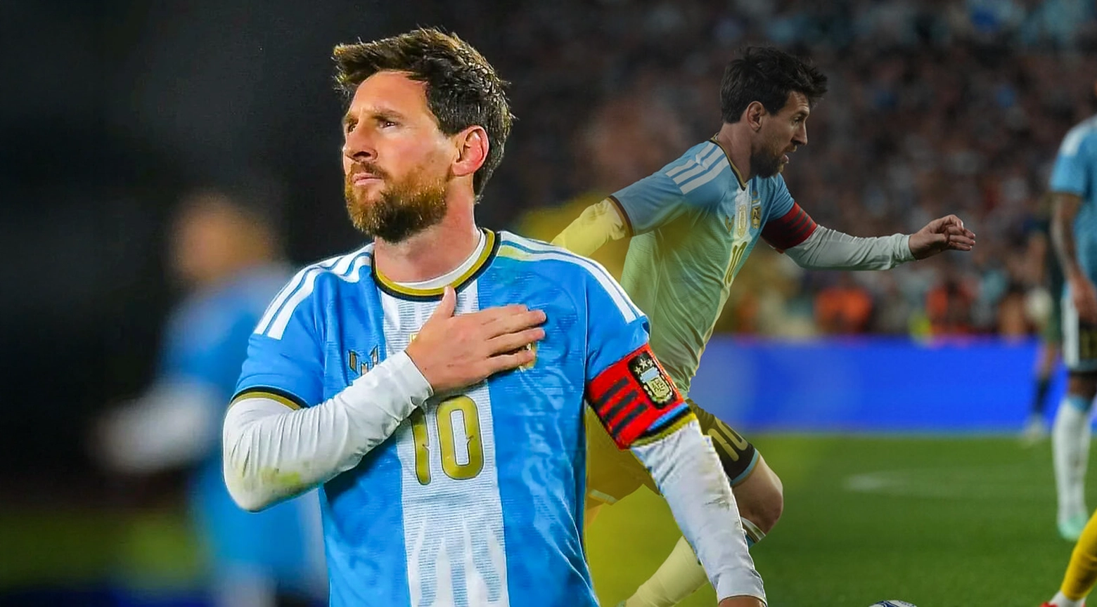 Lionel Messi vistiendo la camiseta de la selección argentina con el dorsal 10 y el brazalete de capitán, colocándose la mano sobre el pecho en el campo de juego.
