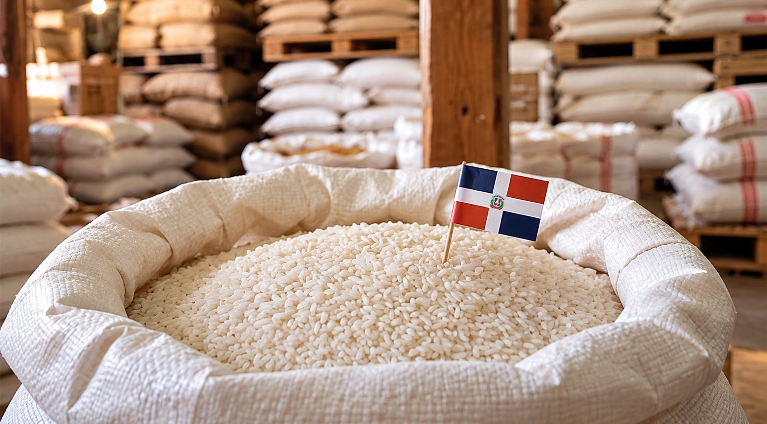 Saco abierto lleno de arroz blanco con una pequeña bandera de República Dominicana, ubicado en un almacén donde se observan numerosos sacos de productos agrícolas apilados sobre palés de madera.