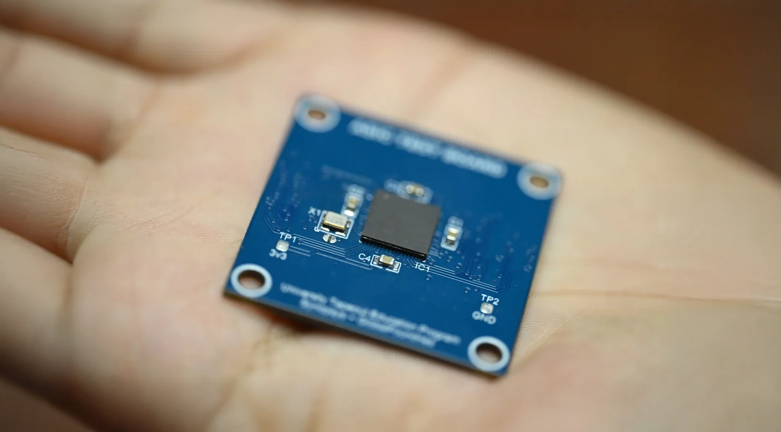 Pequeña placa electrónica azul con un microchip negro en el centro, sostenida sobre la palma de una mano.