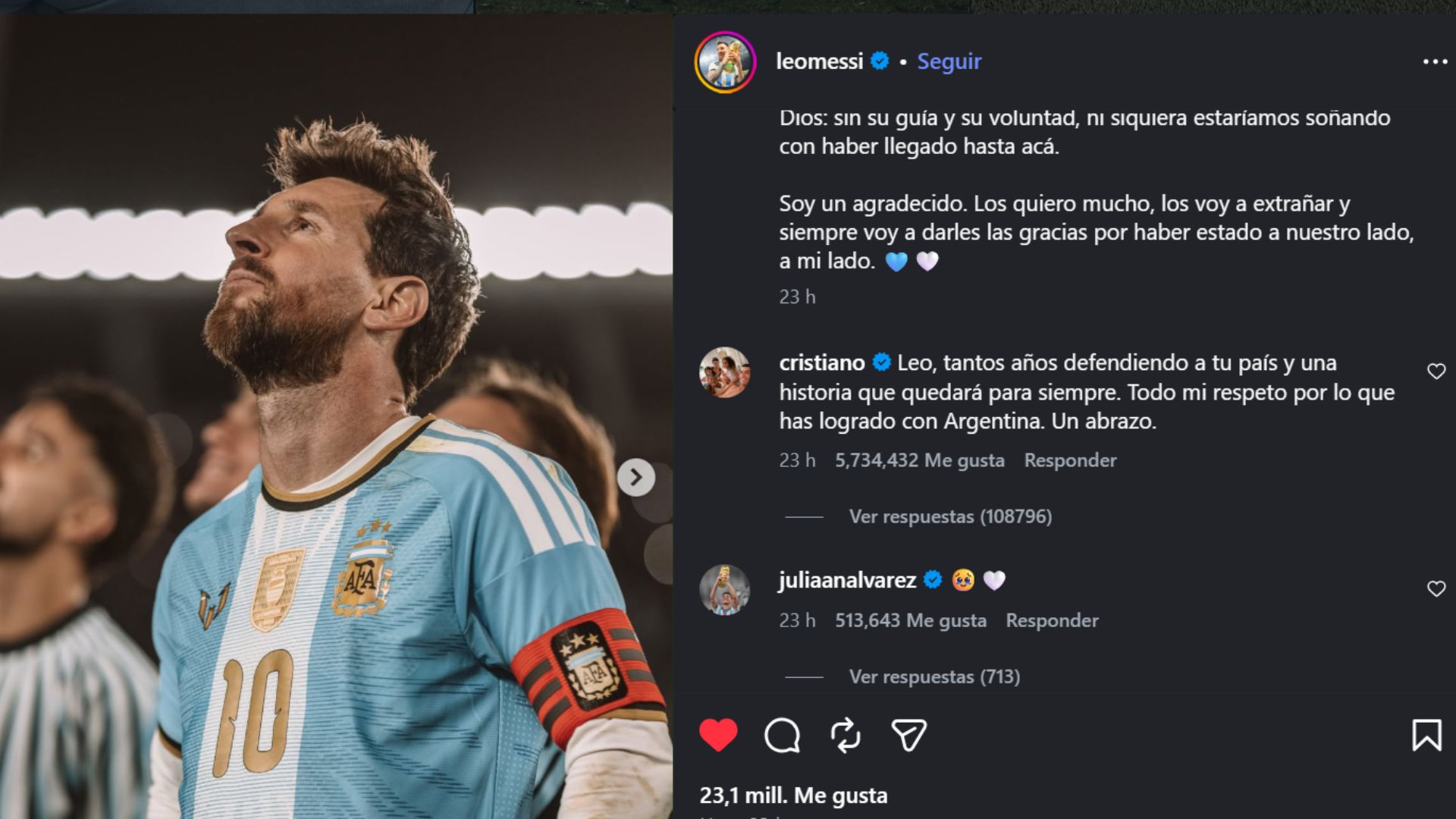 Captura de una publicación de Instagram de Lionel Messi en la que aparece con la selección argentina y se muestra un comentario de Cristiano Ronaldo.