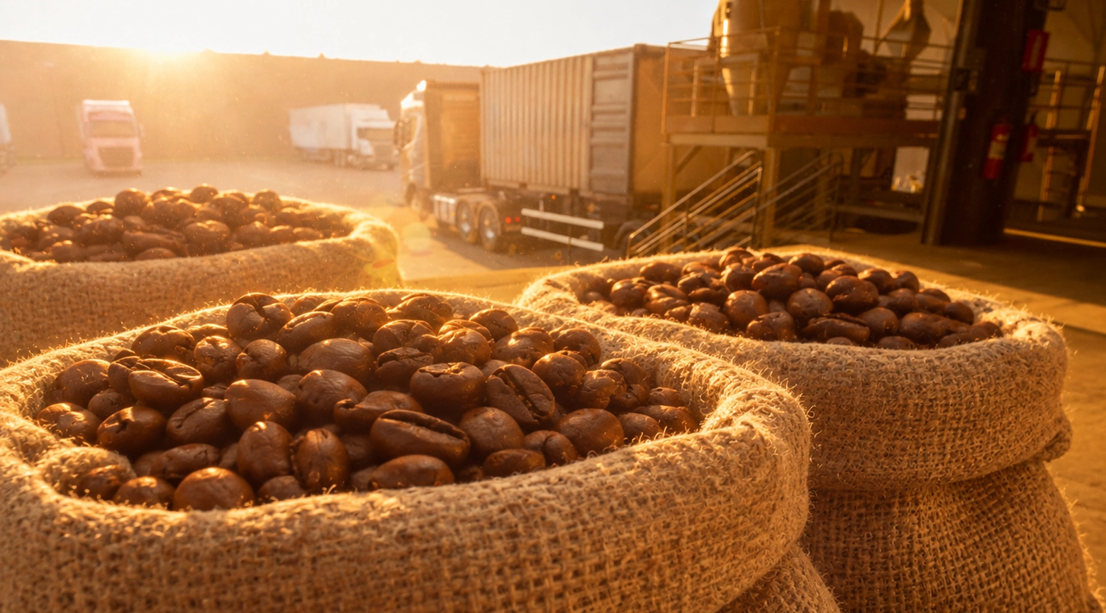 Sacos de yute llenos de granos de café tostado en una zona industrial, con camiones de carga y contenedores al fondo, iluminados por la luz cálida del atardecer.